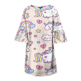 Детское платье 3D с принтом Радужные Единорожки в Курске, 100% полиэстер | прямой силуэт, чуть расширенный к низу. Круглая горловина, на рукавах — воланы | Тематика изображения на принте: unicorn | белый | единорог | лошадь | облако | радуга | розовый | сердце | улыбка | фиолетовый | цвет