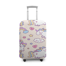 Чехол для чемодана 3D с принтом Радужные Единорожки в Курске, 86% полиэфир, 14% спандекс | двустороннее нанесение принта, прорези для ручек и колес | unicorn | белый | единорог | лошадь | облако | радуга | розовый | сердце | улыбка | фиолетовый | цвет