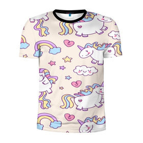 Мужская футболка 3D спортивная с принтом Радужные Единорожки в Курске, 100% полиэстер с улучшенными характеристиками | приталенный силуэт, круглая горловина, широкие плечи, сужается к линии бедра | unicorn | белый | единорог | лошадь | облако | радуга | розовый | сердце | улыбка | фиолетовый | цвет
