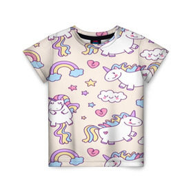 Детская футболка 3D с принтом Радужные Единорожки в Курске, 100% гипоаллергенный полиэфир | прямой крой, круглый вырез горловины, длина до линии бедер, чуть спущенное плечо, ткань немного тянется | unicorn | белый | единорог | лошадь | облако | радуга | розовый | сердце | улыбка | фиолетовый | цвет
