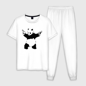 Мужская пижама хлопок с принтом Panda & Guns в Курске, 100% хлопок | брюки и футболка прямого кроя, без карманов, на брюках мягкая резинка на поясе и по низу штанин
 | panda | крутой | оружие | панда | пистолет | револьвер | рисунок
