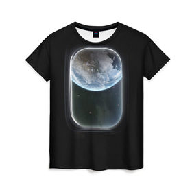 Женская футболка 3D с принтом Земля в иллюминаторе в Курске, 100% полиэфир ( синтетическое хлопкоподобное полотно) | прямой крой, круглый вырез горловины, длина до линии бедер | земля | космический корабль | космос | планета