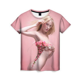 Женская футболка 3D с принтом Сюрреализм в Курске, 100% полиэфир ( синтетическое хлопкоподобное полотно) | прямой крой, круглый вырез горловины, длина до линии бедер | blonde | flowers | girl | lace | naked | nude | photo | surrealism | блондинка | девушка | сюрреализм | фото | цветы | шнуровка