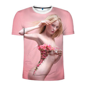 Мужская футболка 3D спортивная с принтом Сюрреализм в Курске, 100% полиэстер с улучшенными характеристиками | приталенный силуэт, круглая горловина, широкие плечи, сужается к линии бедра | blonde | flowers | girl | lace | naked | nude | photo | surrealism | блондинка | девушка | сюрреализм | фото | цветы | шнуровка