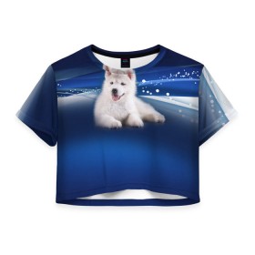 Женская футболка 3D укороченная с принтом Щенок хаски в Курске, 100% полиэстер | круглая горловина, длина футболки до линии талии, рукава с отворотами | кутёнок | прикольные картинки | собака | хаска | щенок