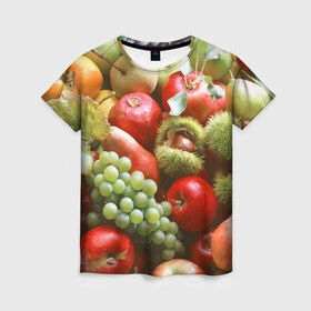 Женская футболка 3D с принтом Фрукты и ягоды в Курске, 100% полиэфир ( синтетическое хлопкоподобное полотно) | прямой крой, круглый вырез горловины, длина до линии бедер | 