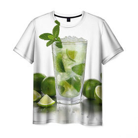Мужская футболка 3D с принтом Мохито в Курске, 100% полиэфир | прямой крой, круглый вырез горловины, длина до линии бедер | fresh | freshness | ice | lemon lime | mint | mojito cocktail | still life | бокал | коктейль | лед | лимон лайм | махито | мята | натюрморт | свежесть | свежий