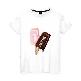 Женская футболка хлопок с принтом Мороженое. Eat Me в Курске, 100% хлопок | прямой крой, круглый вырез горловины, длина до линии бедер, слегка спущенное плечо | eat | ice cream | sweet | вкус | вкусно | еда | лед | мороженое | сладкое | сладость | сливки