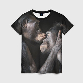 Женская футболка 3D с принтом Шимпанзе в Курске, 100% полиэфир ( синтетическое хлопкоподобное полотно) | прямой крой, круглый вырез горловины, длина до линии бедер | chimps | family | feelings | kiss | monkeys | primates | любовь | обезьяны | поцелуй | приматы | семья | чувства | шимпанзе