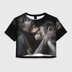 Женская футболка 3D укороченная с принтом Шимпанзе в Курске, 100% полиэстер | круглая горловина, длина футболки до линии талии, рукава с отворотами | chimps | family | feelings | kiss | monkeys | primates | любовь | обезьяны | поцелуй | приматы | семья | чувства | шимпанзе