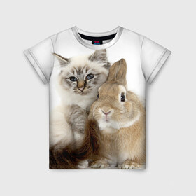 Детская футболка 3D с принтом Кот и кролик в Курске, 100% гипоаллергенный полиэфир | прямой крой, круглый вырез горловины, длина до линии бедер, чуть спущенное плечо, ткань немного тянется | Тематика изображения на принте: cat | cute | fluffy | friends | friendship | hug | kitty | rabbit | toddlers | дружба | друзья | кот | котенок | кролик | любовь | малыши | милые | обнимаются | пушистые
