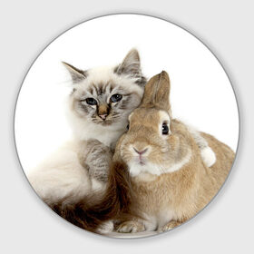 Коврик круглый с принтом Кот и кролик в Курске, резина и полиэстер | круглая форма, изображение наносится на всю лицевую часть | cat | cute | fluffy | friends | friendship | hug | kitty | rabbit | toddlers | дружба | друзья | кот | котенок | кролик | любовь | малыши | милые | обнимаются | пушистые