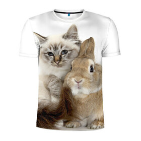 Мужская футболка 3D спортивная с принтом Кот и кролик в Курске, 100% полиэстер с улучшенными характеристиками | приталенный силуэт, круглая горловина, широкие плечи, сужается к линии бедра | Тематика изображения на принте: cat | cute | fluffy | friends | friendship | hug | kitty | rabbit | toddlers | дружба | друзья | кот | котенок | кролик | любовь | малыши | милые | обнимаются | пушистые