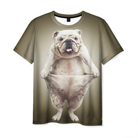 Мужская футболка 3D с принтом Бульдог английский в Курске, 100% полиэфир | прямой крой, круглый вырез горловины, длина до линии бедер | Тематика изображения на принте: animals | breed | dog | english bulldog | funny | joke | pants | surrealism | бульдог английский | животное | порода | прикол | собака | сюрреализм | шутка