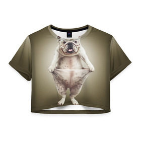 Женская футболка 3D укороченная с принтом Бульдог английский в Курске, 100% полиэстер | круглая горловина, длина футболки до линии талии, рукава с отворотами | animals | breed | dog | english bulldog | funny | joke | pants | surrealism | бульдог английский | животное | порода | прикол | собака | сюрреализм | шутка