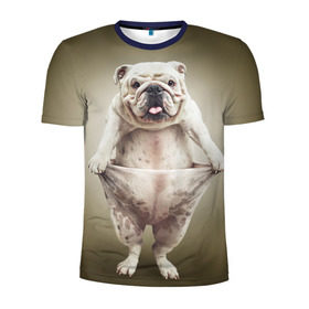 Мужская футболка 3D спортивная с принтом Бульдог английский в Курске, 100% полиэстер с улучшенными характеристиками | приталенный силуэт, круглая горловина, широкие плечи, сужается к линии бедра | animals | breed | dog | english bulldog | funny | joke | pants | surrealism | бульдог английский | животное | порода | прикол | собака | сюрреализм | шутка