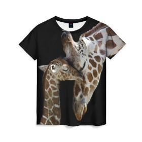 Женская футболка 3D с принтом Жирафы в Курске, 100% полиэфир ( синтетическое хлопкоподобное полотно) | прямой крой, круглый вырез горловины, длина до линии бедер | africa | animals | baby | child | family | giraffes | head | mother | африка | головы | животные | жирафы | любовь | малыш | мама | ребенок | семья