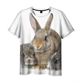 Мужская футболка 3D с принтом Кролики в Курске, 100% полиэфир | прямой крой, круглый вырез горловины, длина до линии бедер | Тематика изображения на принте: animals | bunnies | cute | eared | family | fluffy | kids | mom | rabbits | животные | зайцы | кролики | малыши | мама | милые | пушистые | семья | ушастые