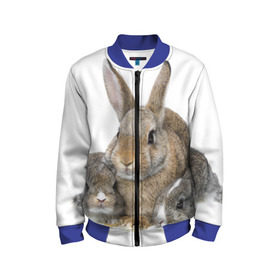 Детский бомбер 3D с принтом Кролики в Курске, 100% полиэстер | застегивается на молнию, по бокам два кармана без застежек, мягкие манжеты, по низу бомбера и на воротнике — эластичная резинка | Тематика изображения на принте: animals | bunnies | cute | eared | family | fluffy | kids | mom | rabbits | животные | зайцы | кролики | малыши | мама | милые | пушистые | семья | ушастые