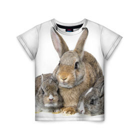 Детская футболка 3D с принтом Кролики в Курске, 100% гипоаллергенный полиэфир | прямой крой, круглый вырез горловины, длина до линии бедер, чуть спущенное плечо, ткань немного тянется | animals | bunnies | cute | eared | family | fluffy | kids | mom | rabbits | животные | зайцы | кролики | малыши | мама | милые | пушистые | семья | ушастые