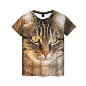Женская футболка 3D с принтом Кот в Курске, 100% полиэфир ( синтетическое хлопкоподобное полотно) | прямой крой, круглый вырез горловины, длина до линии бедер | animal | cat | eyes | face | head | kote | mustache | pet | взгляд | глаза | голова | домашнее | животное | кот | котэ | кошка | усы