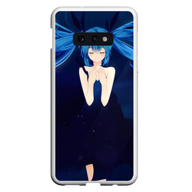 Чехол для Samsung S10E с принтом Мику под водой в Курске, Силикон | Область печати: задняя сторона чехла, без боковых панелей | вода | волосы | мику | платье | синий | хацуне | чёрный. бантик