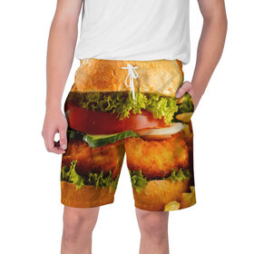 Мужские шорты 3D с принтом Гамбургер в Курске,  полиэстер 100% | прямой крой, два кармана без застежек по бокам. Мягкая трикотажная резинка на поясе, внутри которой широкие завязки. Длина чуть выше колен | 