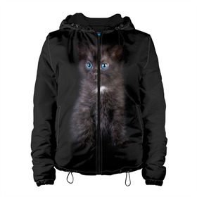 Женская куртка 3D с принтом Чёрный котёнок в Курске, ткань верха — 100% полиэстер, подклад — флис | прямой крой, подол и капюшон оформлены резинкой с фиксаторами, два кармана без застежек по бокам, один большой потайной карман на груди. Карман на груди застегивается на липучку | киска | кот | кошка