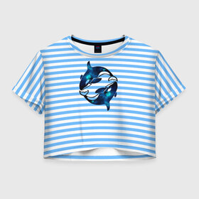 Женская футболка 3D укороченная с принтом Космические косатки в Курске, 100% полиэстер | круглая горловина, длина футболки до линии талии, рукава с отворотами | orca | sea | whale | галактика | звезды | кит | косатка | космос | море | океан