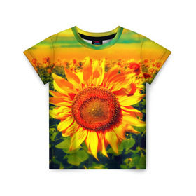 Детская футболка 3D с принтом Подсолнухи в Курске, 100% гипоаллергенный полиэфир | прямой крой, круглый вырез горловины, длина до линии бедер, чуть спущенное плечо, ткань немного тянется | лето | подсолнух | солнце | цветы