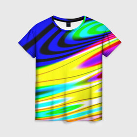 Женская футболка 3D с принтом Волны красок в Курске, 100% полиэфир ( синтетическое хлопкоподобное полотно) | прямой крой, круглый вырез горловины, длина до линии бедер | Тематика изображения на принте: разводы | цветной | яркий
