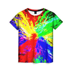 Женская футболка 3D с принтом Взрыв цветов в Курске, 100% полиэфир ( синтетическое хлопкоподобное полотно) | прямой крой, круглый вырез горловины, длина до линии бедер | брызги | краски | разноцветный | яркий