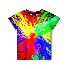 Детская футболка 3D с принтом Взрыв цветов в Курске, 100% гипоаллергенный полиэфир | прямой крой, круглый вырез горловины, длина до линии бедер, чуть спущенное плечо, ткань немного тянется | брызги | краски | разноцветный | яркий