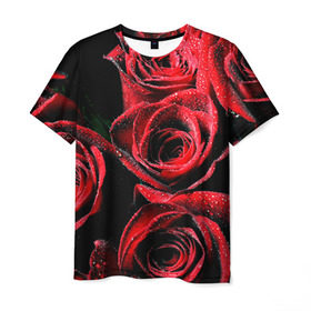 Мужская футболка 3D с принтом Розы в Курске, 100% полиэфир | прямой крой, круглый вырез горловины, длина до линии бедер | алый | красный | роса | фото | цветы