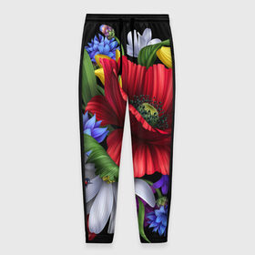 Мужские брюки 3D с принтом Композиция цветов в Курске, 100% полиэстер | манжеты по низу, эластичный пояс регулируется шнурком, по бокам два кармана без застежек, внутренняя часть кармана из мелкой сетки | композиция | мак | ромашки | цветы
