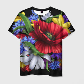 Мужская футболка 3D с принтом Композиция цветов в Курске, 100% полиэфир | прямой крой, круглый вырез горловины, длина до линии бедер | композиция | мак | ромашки | цветы
