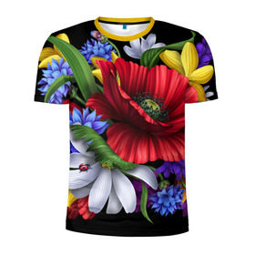Мужская футболка 3D спортивная с принтом Композиция цветов в Курске, 100% полиэстер с улучшенными характеристиками | приталенный силуэт, круглая горловина, широкие плечи, сужается к линии бедра | композиция | мак | ромашки | цветы