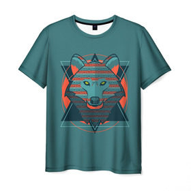 Мужская футболка 3D с принтом Волк в Курске, 100% полиэфир | прямой крой, круглый вырез горловины, длина до линии бедер | Тематика изображения на принте: арт | волк | глаза | искусство | красный | синий | стилизация | треугольники | цвет