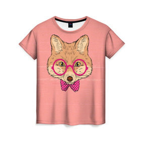 Женская футболка 3D с принтом Лиса в Курске, 100% полиэфир ( синтетическое хлопкоподобное полотно) | прямой крой, круглый вырез горловины, длина до линии бедер | бантик | белый | горошек | жёлтый | коричневый | красный | лиса в очках | оранжевый | очки | розовый | цвет