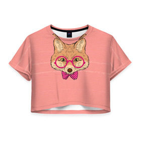 Женская футболка 3D укороченная с принтом Лиса в Курске, 100% полиэстер | круглая горловина, длина футболки до линии талии, рукава с отворотами | бантик | белый | горошек | жёлтый | коричневый | красный | лиса в очках | оранжевый | очки | розовый | цвет