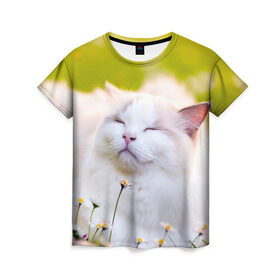 Женская футболка 3D с принтом Белая киса в Курске, 100% полиэфир ( синтетическое хлопкоподобное полотно) | прямой крой, круглый вырез горловины, длина до линии бедер | cat | киса | котенок | кошка | лето | ромашки | солнце