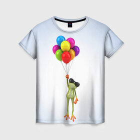 Женская футболка 3D с принтом Лягушка на воздушных шарах в Курске, 100% полиэфир ( синтетическое хлопкоподобное полотно) | прямой крой, круглый вырез горловины, длина до линии бедер | 