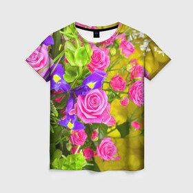 Женская футболка 3D с принтом Цветы в Курске, 100% полиэфир ( синтетическое хлопкоподобное полотно) | прямой крой, круглый вырез горловины, длина до линии бедер | лепесток | новая | природа | цветок | яркая