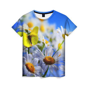 Женская футболка 3D с принтом Ромашки и бабочка в Курске, 100% полиэфир ( синтетическое хлопкоподобное полотно) | прямой крой, круглый вырез горловины, длина до линии бедер | бабочки | лето | природа | ромашки | цветы