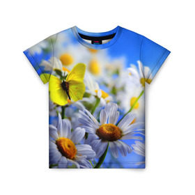 Детская футболка 3D с принтом Ромашки и бабочка в Курске, 100% гипоаллергенный полиэфир | прямой крой, круглый вырез горловины, длина до линии бедер, чуть спущенное плечо, ткань немного тянется | Тематика изображения на принте: бабочки | лето | природа | ромашки | цветы