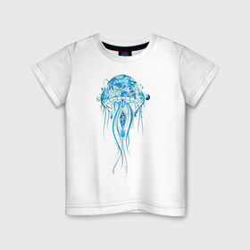 Детская футболка хлопок с принтом Синяя медуза в Курске, 100% хлопок | круглый вырез горловины, полуприлегающий силуэт, длина до линии бедер | Тематика изображения на принте: красота | медуза | море | рисунок | синий | стиль | щупальца