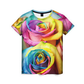 Женская футболка 3D с принтом Цветные розы в Курске, 100% полиэфир ( синтетическое хлопкоподобное полотно) | прямой крой, круглый вырез горловины, длина до линии бедер | девушкам | розы | цветные | цветы