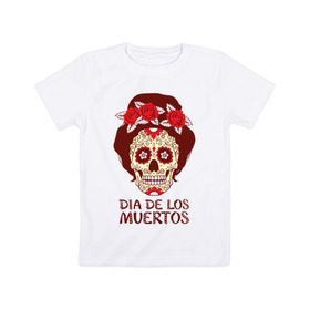 Детская футболка хлопок с принтом День мертвецов в Курске, 100% хлопок | круглый вырез горловины, полуприлегающий силуэт, длина до линии бедер | cobwebs | color | day of the dead | dead | death | eyes | girl | holiday | makeup | mask | mexican skull | mexico | ornament | pattern | взгляд | девушка | день мертвых | макияж | маска | мексика | мексиканский череп | мертвецов | орнамент | паутина | пра