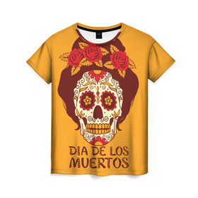 Женская футболка 3D с принтом Мексиканский череп в Курске, 100% полиэфир ( синтетическое хлопкоподобное полотно) | прямой крой, круглый вырез горловины, длина до линии бедер | cobwebs | color | day of the dead | dead | death | eyes | girl | holiday | makeup | mask | mexican skull | mexico | ornament | pattern | взгляд | девушка | день мертвых | макияж | маска | мексика | мексиканский череп | мертвецов | орнамент | паутина | пра