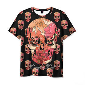 Мужская футболка 3D с принтом Мексиканский череп в Курске, 100% полиэфир | прямой крой, круглый вырез горловины, длина до линии бедер | день мертвых | мексика | паттерн | традиция | узоры | цветы